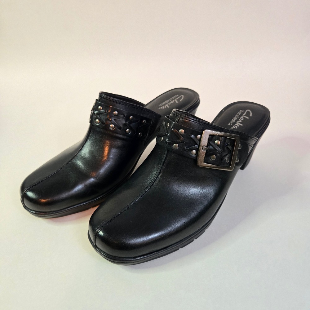 Clarks Bendables Black Leather Heeled Mules Studded Buckle Clogs 83544 Womens 9M